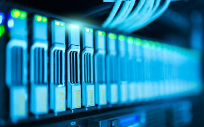 Detailed image of a server rack with glowing lights in a modern data center.