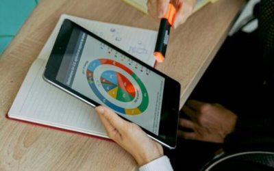 Business professionals analyzing data on tablet during a meeting with laptops and charts.